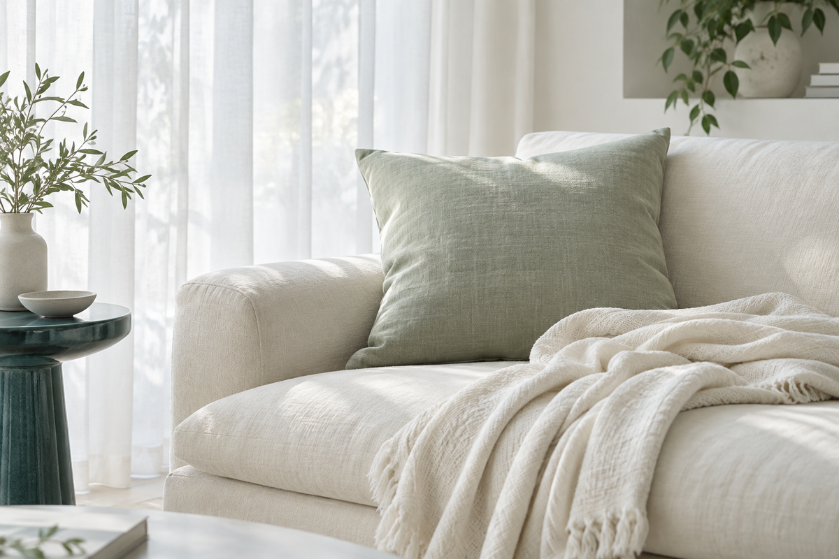 An ivory sofa with a sage linen cushion and cotton throw in a daylight-filled resting corner.