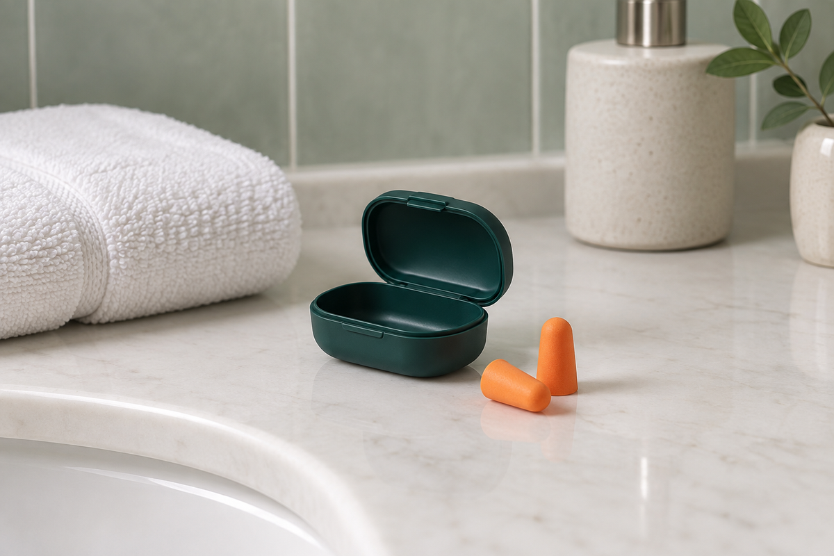 Foam earplugs beside an open dark green storage case and a clean white towel.