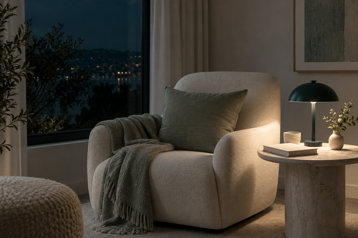 A small lamp, closed book and ivory armchair in a softly lit reading corner at night.