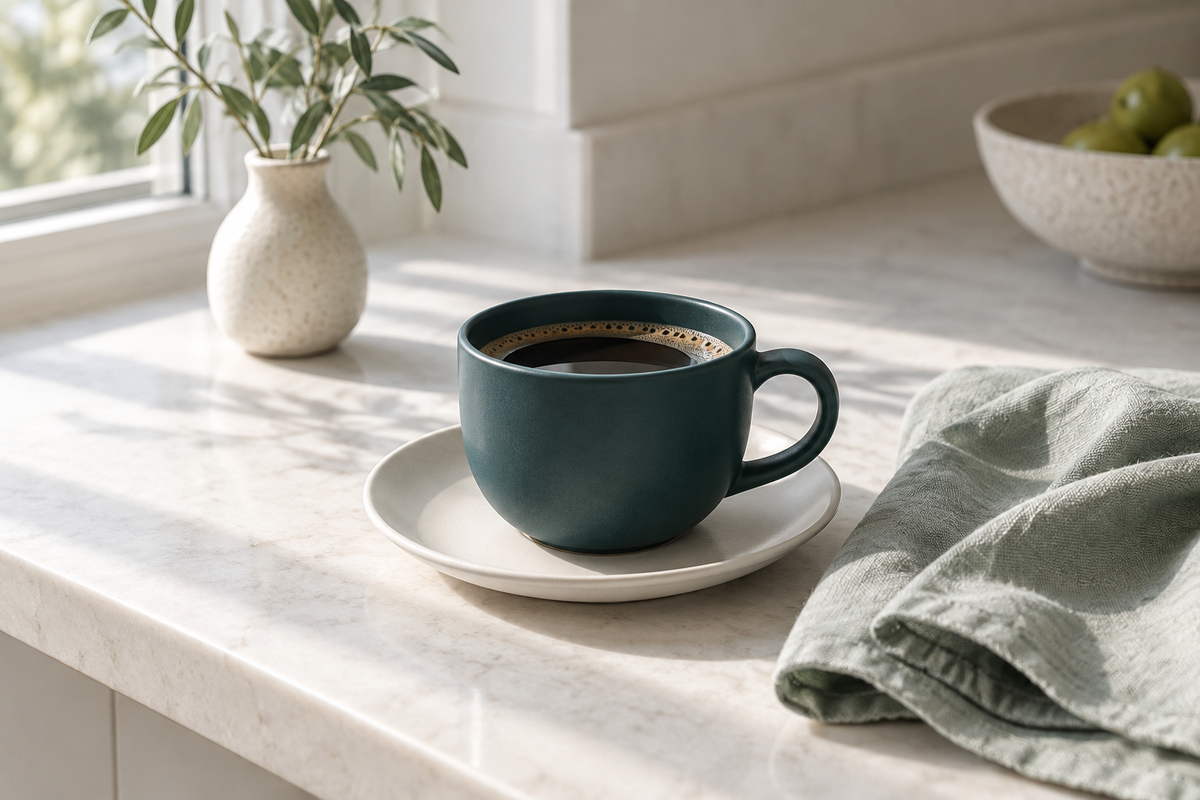 A dark green coffee cup and linen napkin on a pale stone counter in morning light.