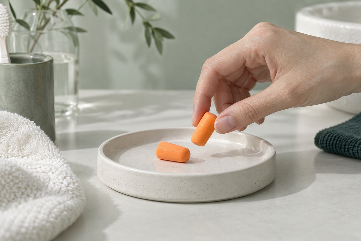 A clean hand picks up a foam earplug from a ceramic tray.