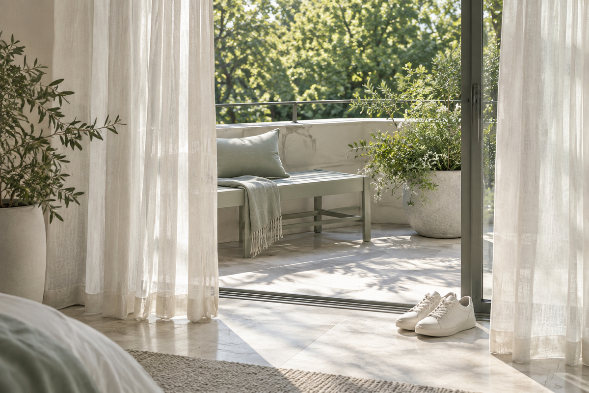 Morning light enters through an ivory linen curtain beside a balcony doorway and walking shoes.
