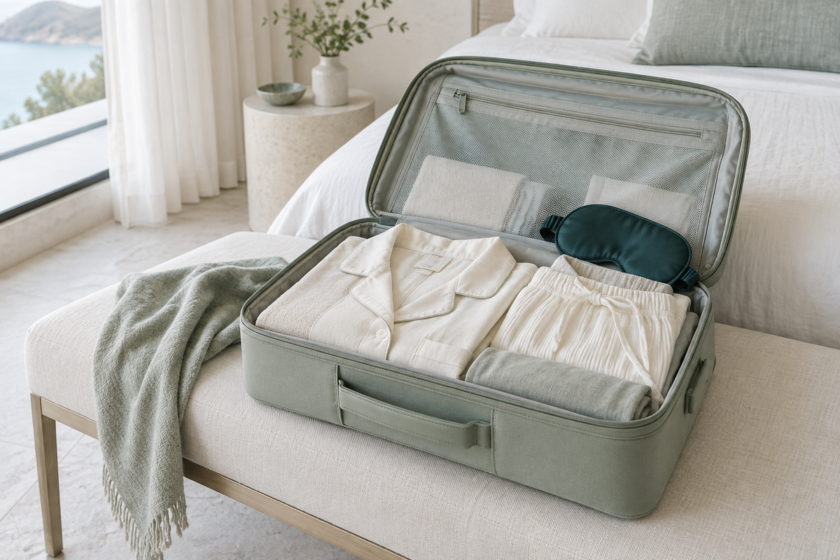A travel bag packed with cotton sleepwear and a sleep mask on a light hotel bench.