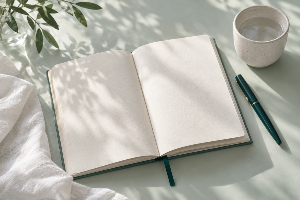 An open sleep journal, dark green pen and ceramic cup of water on a pale table.