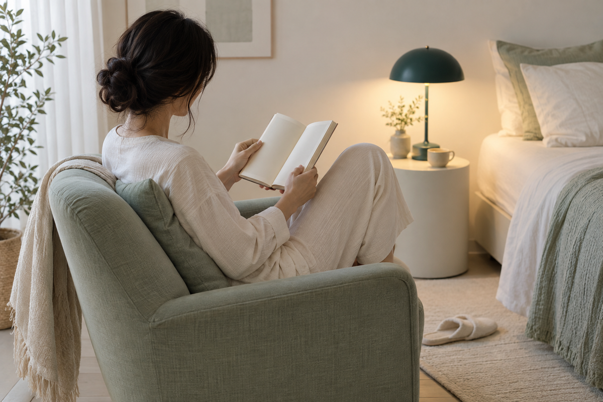 A person reading in a sage armchair during a quiet evening break.