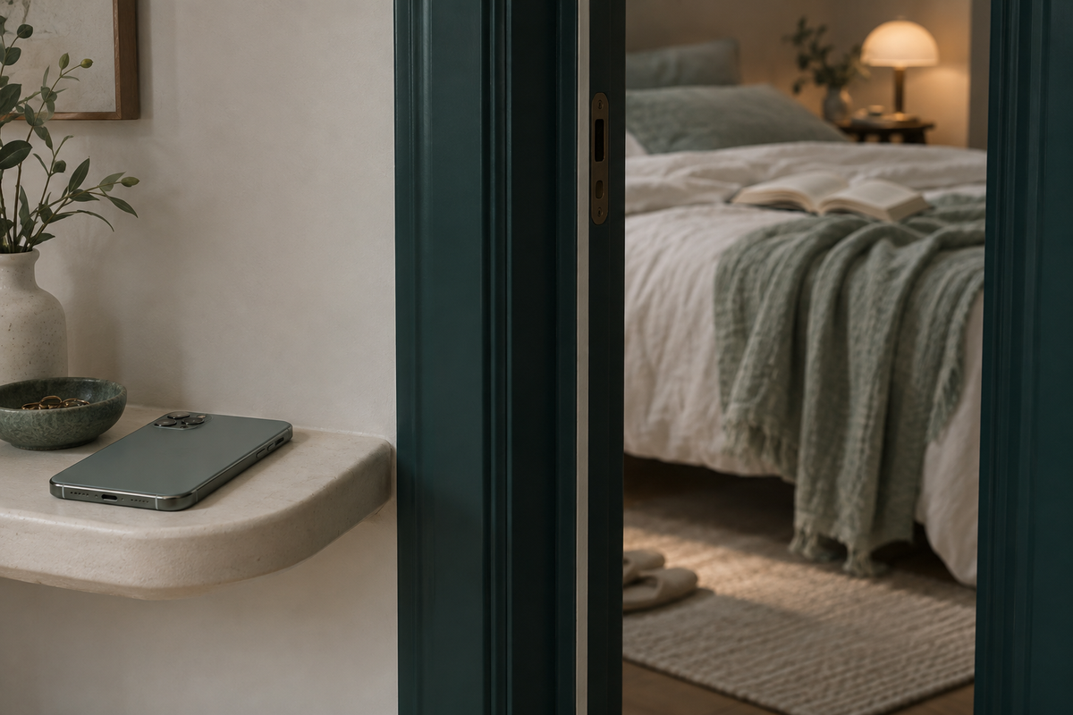 A phone placed face down on an ivory shelf outside the bedroom.