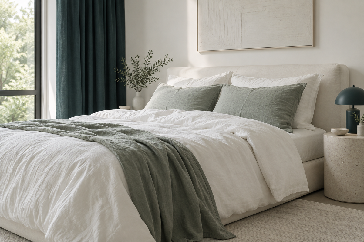 A simple bedroom with white linen, sage pillows and a deep green curtain.