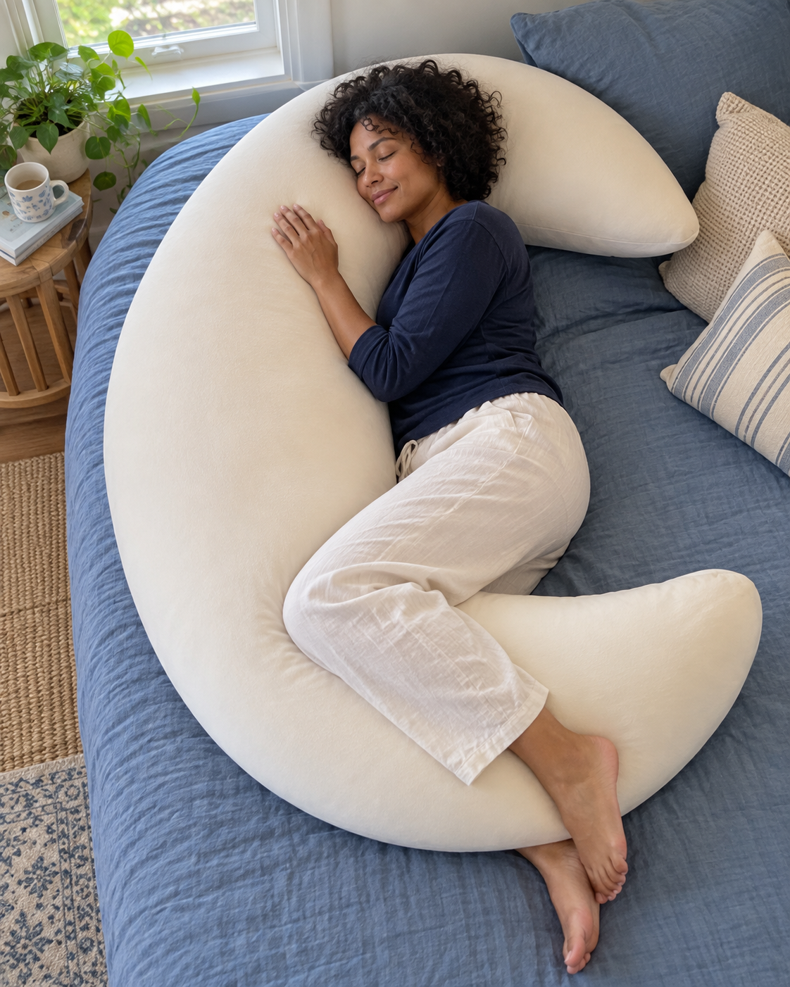 An adult resting with the large ivory Moon Rest Pillow.