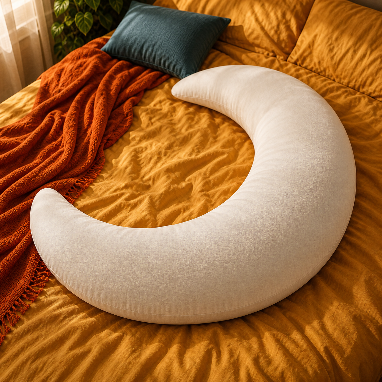 Large ivory Moon Sleep Pillow on a mustard-colored bed.