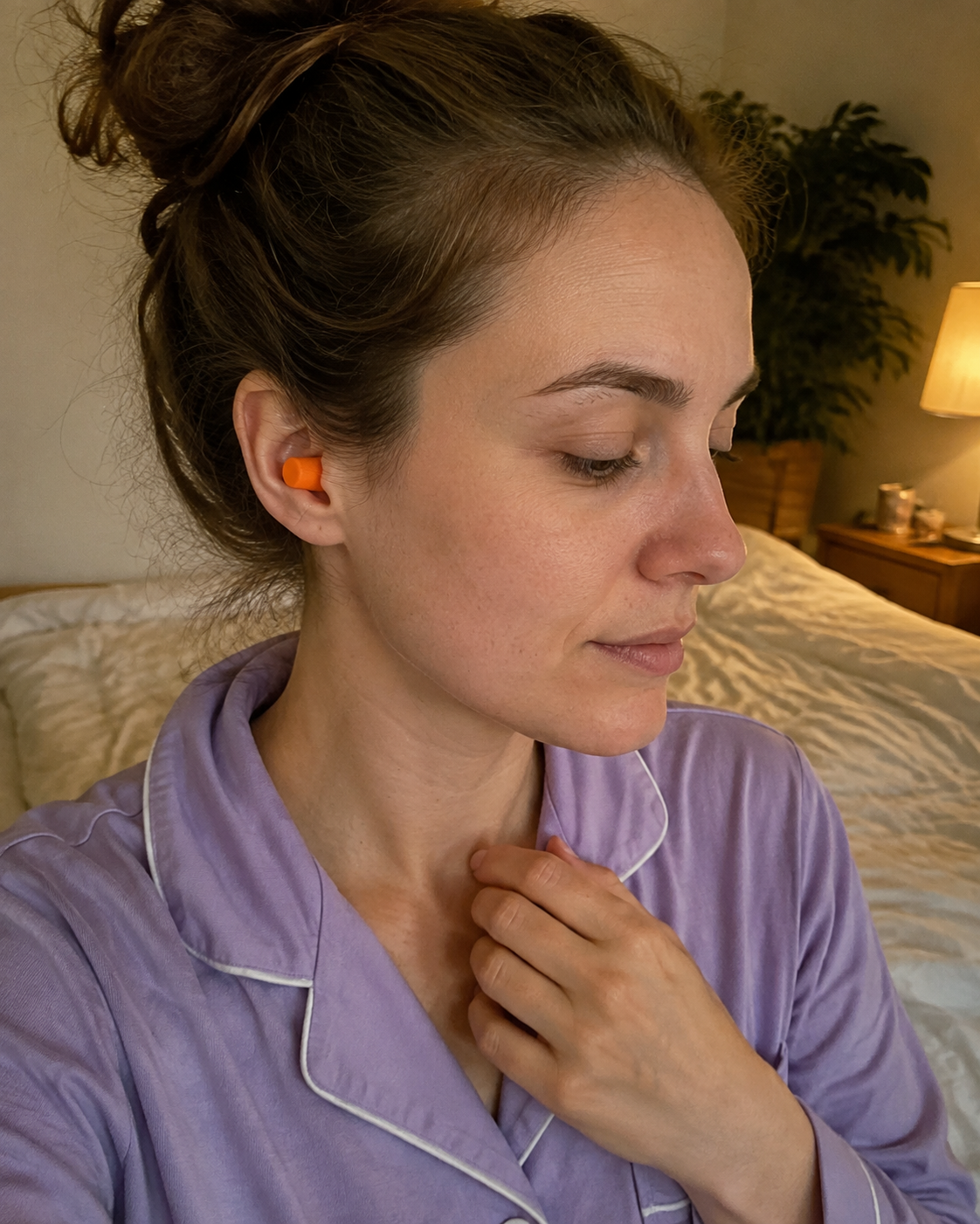 Illustrative usage image: a woman wearing orange Dose Earplugs before bed