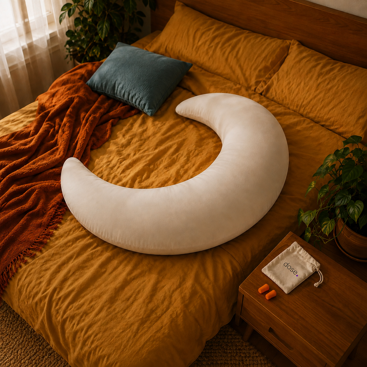 A warm-toned bedroom with a crescent pillow, orange earplugs and a dose-branded pouch