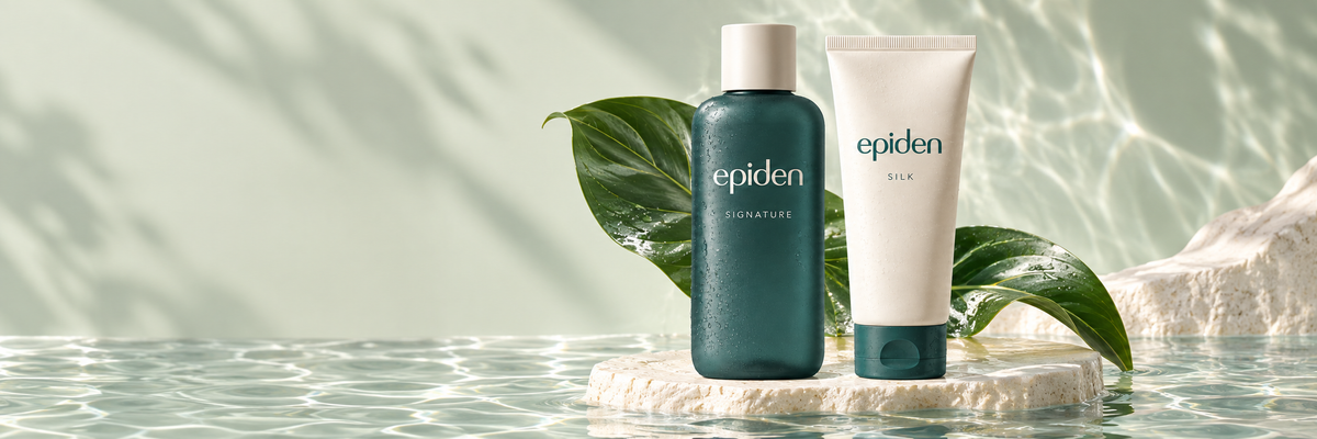 EPIDEN SIGNATURE and SILK packaging on a sage and water set.