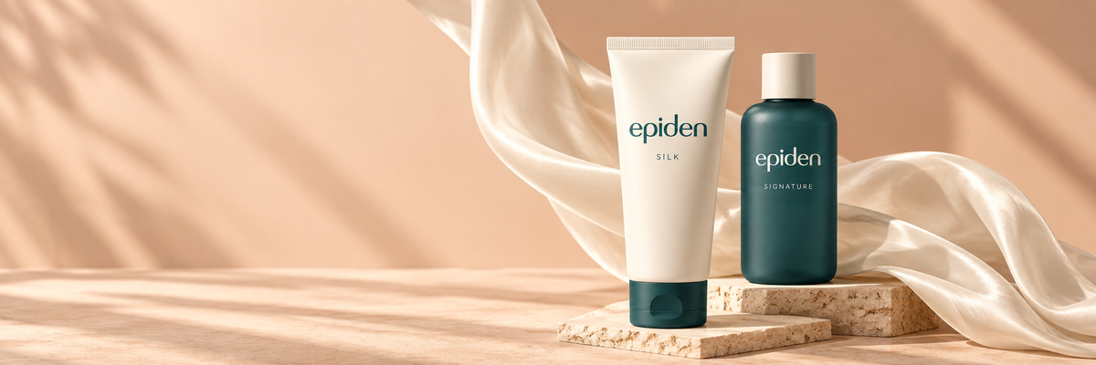 EPIDEN SILK and SIGNATURE packaging with ivory silk fabric.